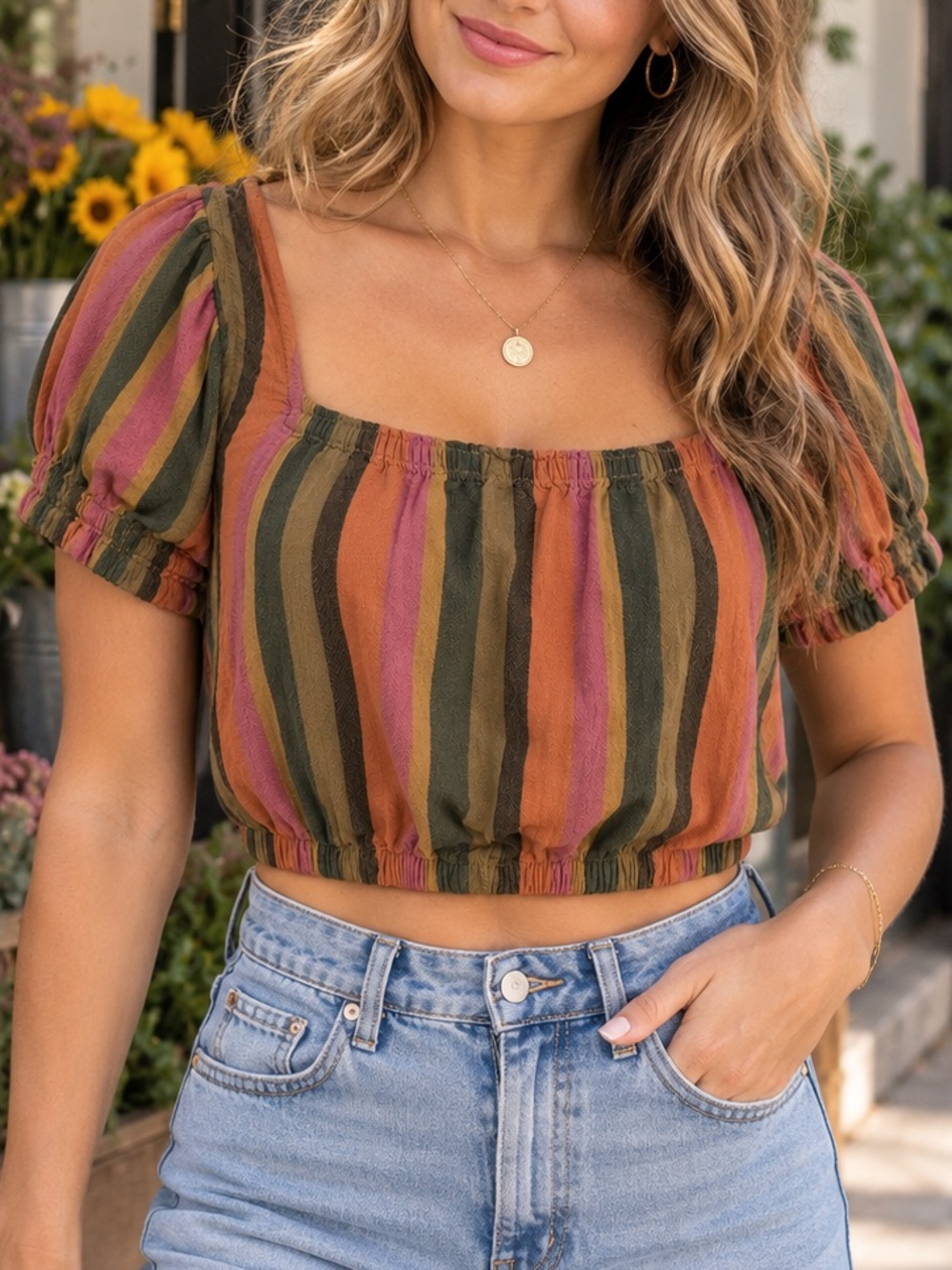 American Eagle Striped Puff Sleeve Crop Top M Boho Square Neck
